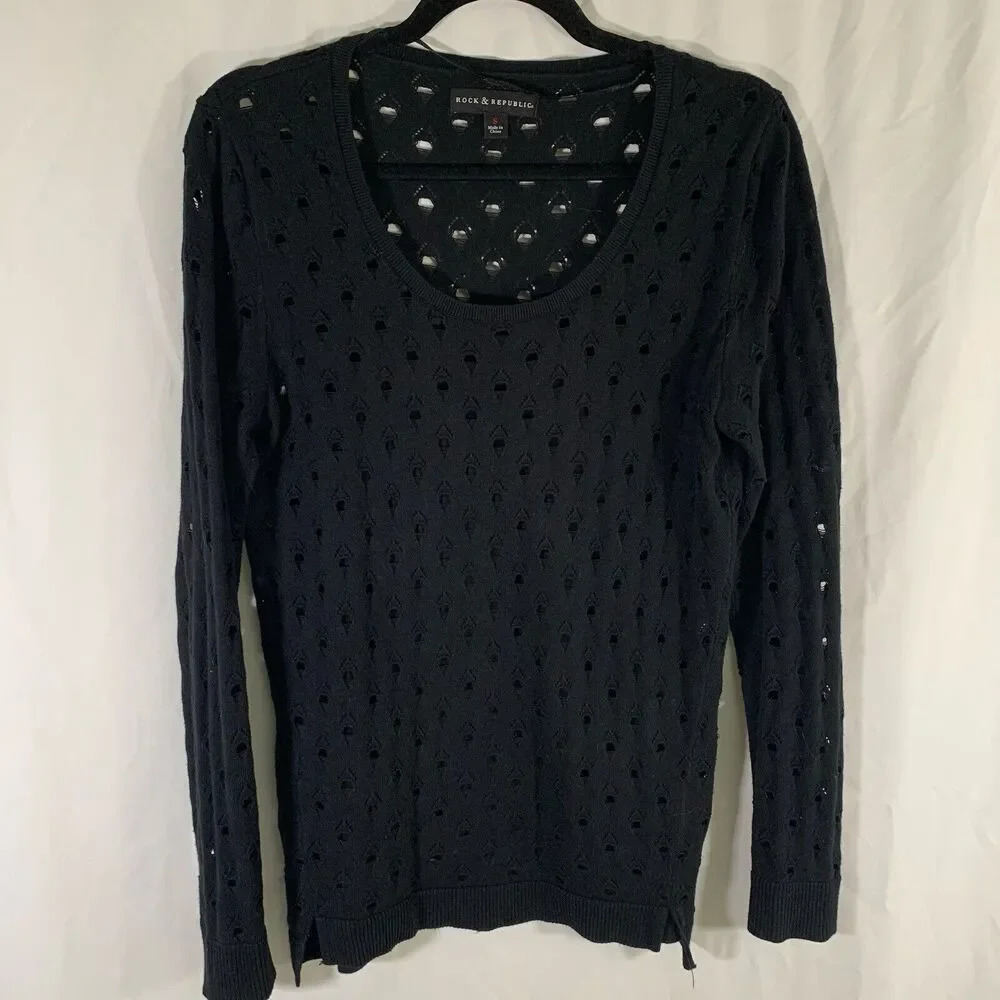 Rock & Republic Blouse Women's Small Black Open Knit Long Sleeve Round Neck